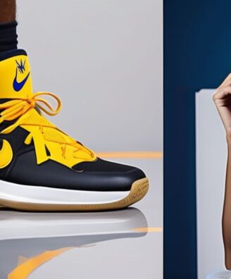 Yellow NBA Shoes on the left, AI Generated basketball player with jersey on the right